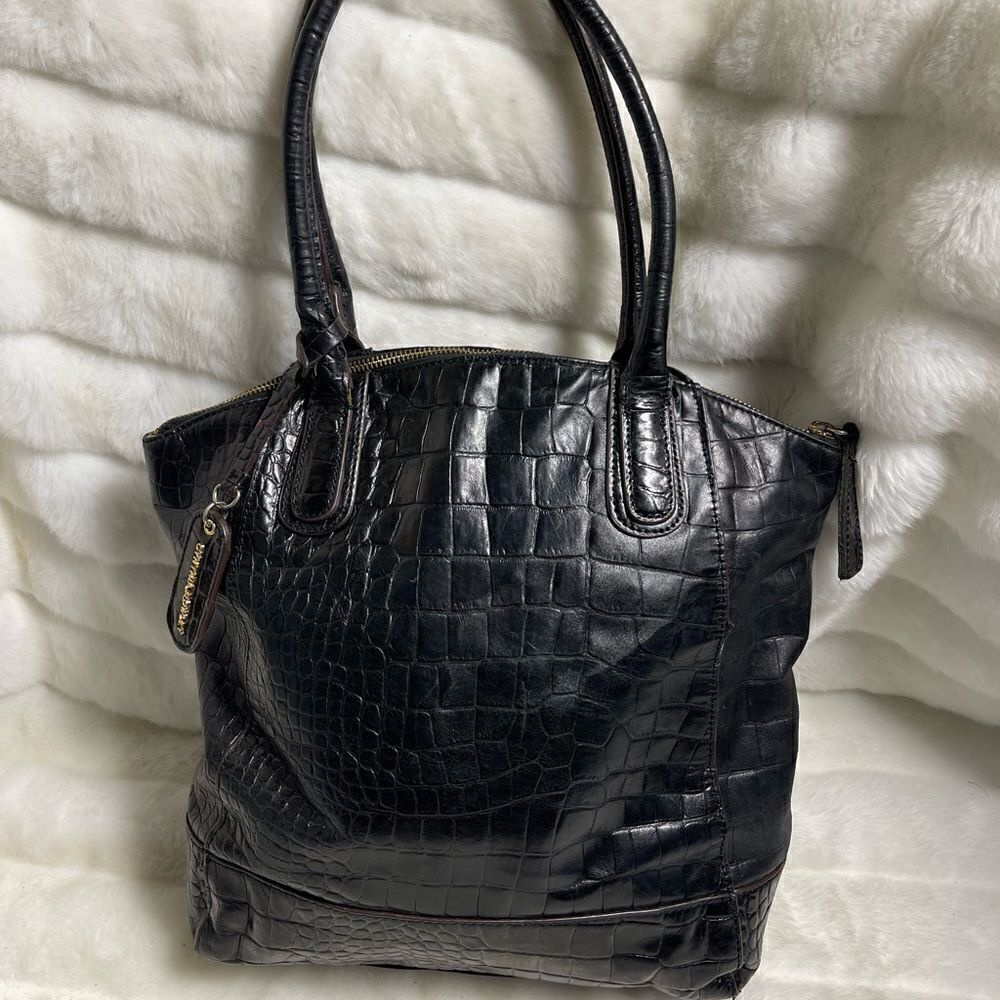Cynthia Rowley leather black croc prints large satchel